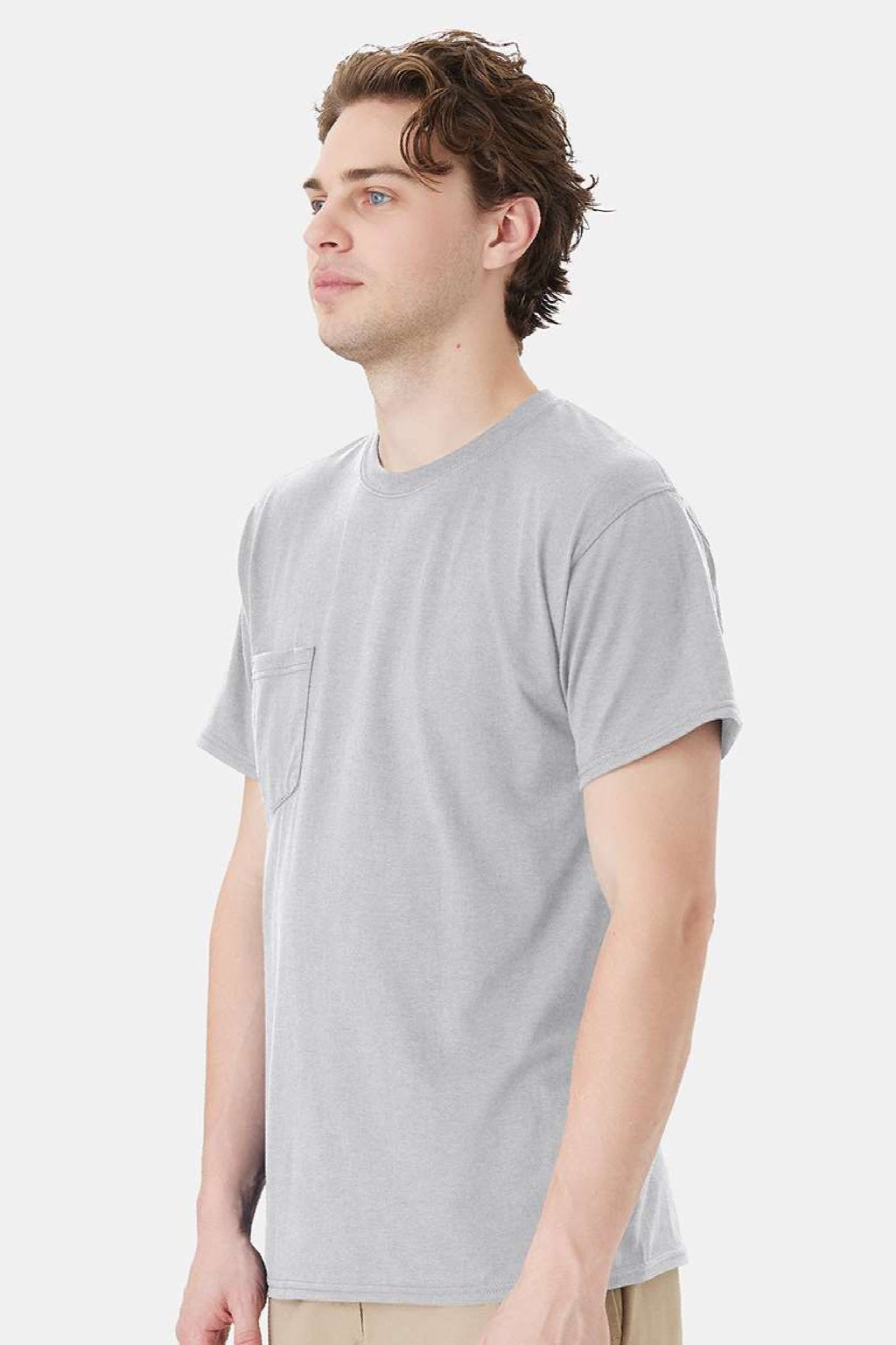 Hanes W110 Mens Workwear UPF 50+ Short Sleeve Crewneck T-Shirt w/ Pocket Light Steel Grey Model Side