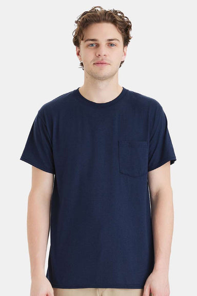 Hanes W110 Mens Workwear UPF 50+ Short Sleeve Crewneck T-Shirt w/ Pocket Navy Blue Model Front