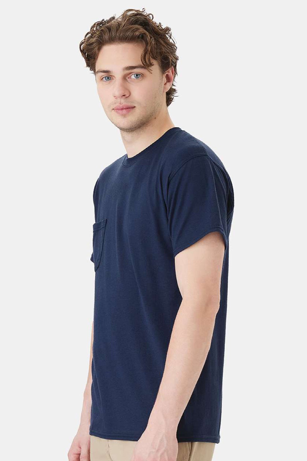 Hanes W110 Mens Workwear UPF 50+ Short Sleeve Crewneck T-Shirt w/ Pocket Navy Blue Model Side