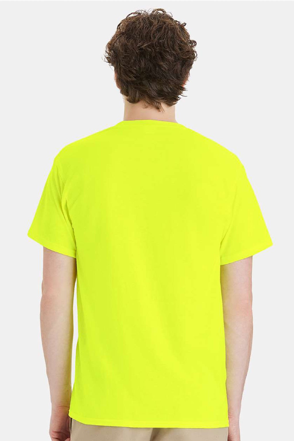 Hanes W110 Mens Workwear UPF 50+ Short Sleeve Crewneck T-Shirt w/ Pocket Safety Green Model Back