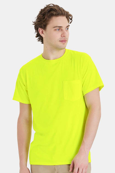 Hanes W110 Mens Workwear UPF 50+ Short Sleeve Crewneck T-Shirt w/ Pocket Safety Green Model Front