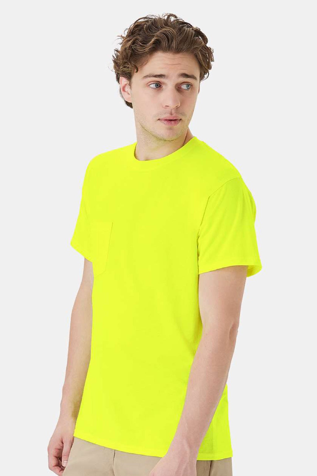 Hanes W110 Mens Workwear UPF 50+ Short Sleeve Crewneck T-Shirt w/ Pocket Safety Green Model Side