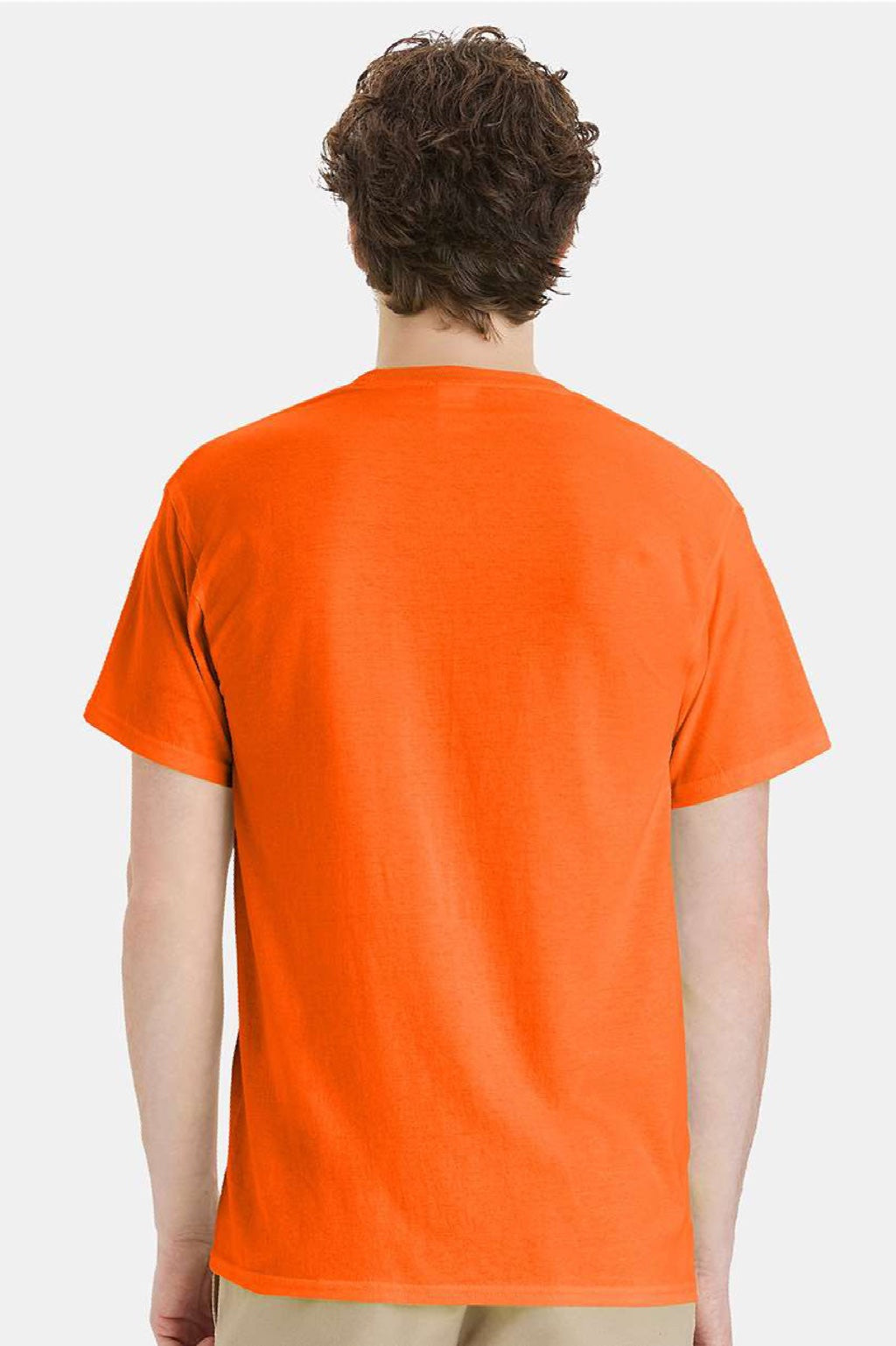 Hanes W110 Mens Workwear UPF 50+ Short Sleeve Crewneck T-Shirt w/ Pocket Safety Orange Model Back