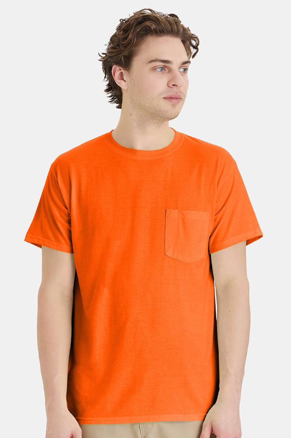 Hanes W110 Mens Workwear UPF 50+ Short Sleeve Crewneck T-Shirt w/ Pocket Safety Orange Model Front