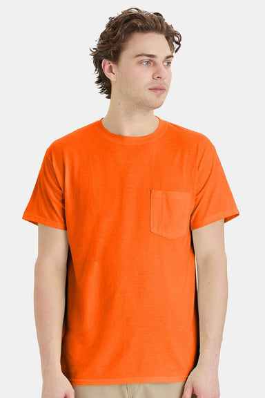 Hanes W110 Mens Workwear UPF 50+ Short Sleeve Crewneck T-Shirt w/ Pocket Safety Orange Model Front
