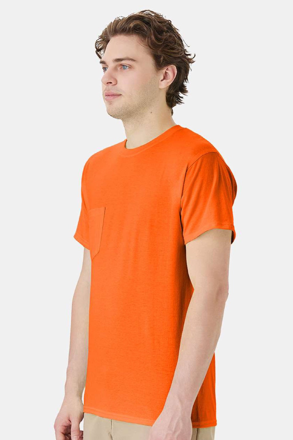 Hanes W110 Mens Workwear UPF 50+ Short Sleeve Crewneck T-Shirt w/ Pocket Safety Orange Model Side