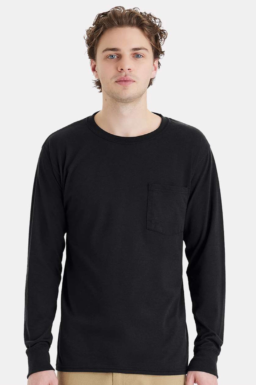 Hanes W120 Mens Workwear UPF 50+ Long Sleeve Crewneck T-Shirt w/ Pocket Black Model Front