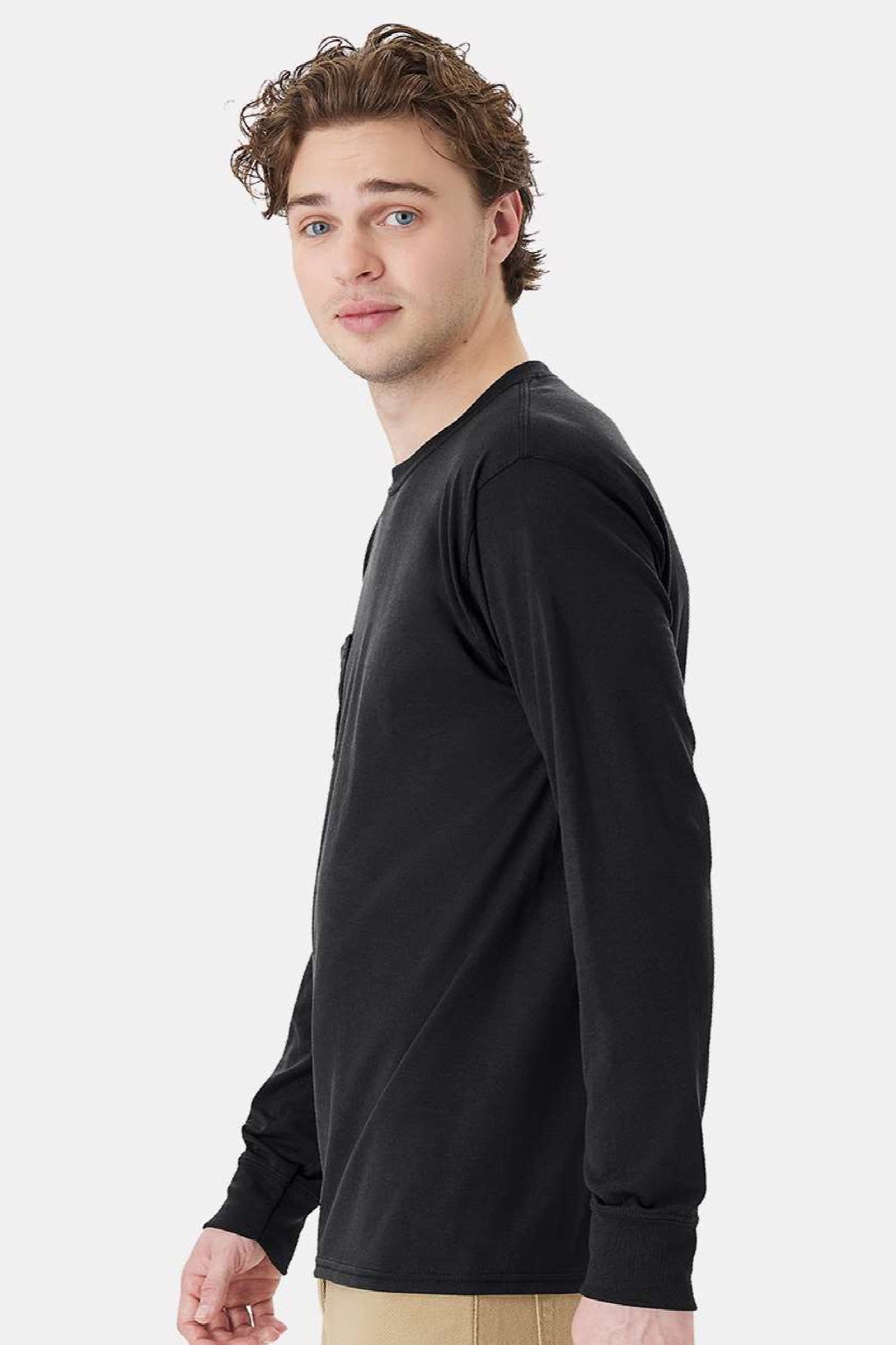 Hanes W120 Mens Workwear UPF 50+ Long Sleeve Crewneck T-Shirt w/ Pocket Black Model Side