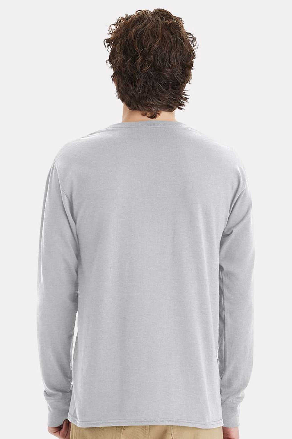 Hanes W120 Mens Workwear UPF 50+ Long Sleeve Crewneck T-Shirt w/ Pocket Light Steel Grey Model Back