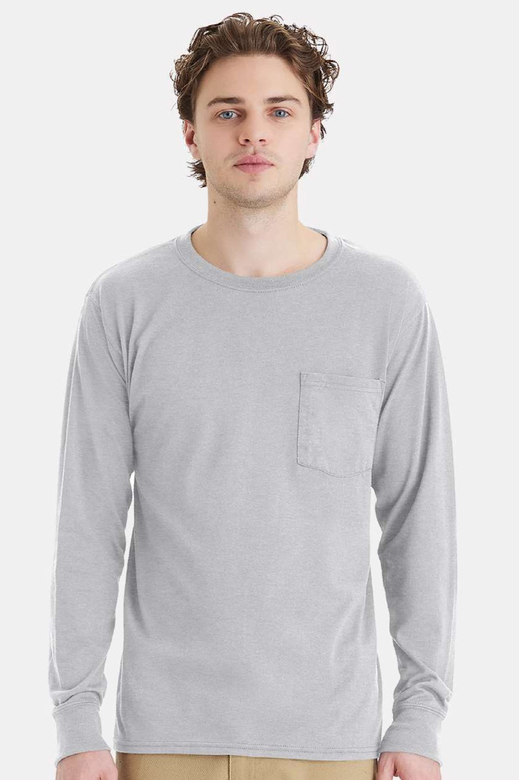 Hanes W120 Mens Workwear UPF 50+ Long Sleeve Crewneck T-Shirt w/ Pocket Light Steel Grey Model Front