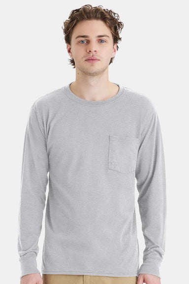 Hanes W120 Mens Workwear UPF 50+ Long Sleeve Crewneck T-Shirt w/ Pocket Light Steel Grey Model Front