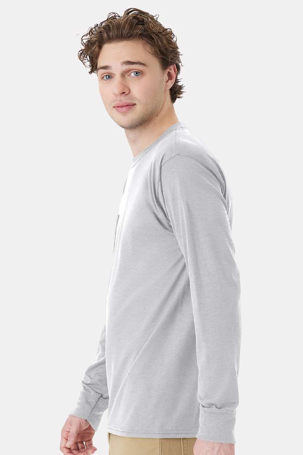 Hanes W120 Mens Workwear UPF 50+ Long Sleeve Crewneck T-Shirt w/ Pocket Light Steel Grey Model Side