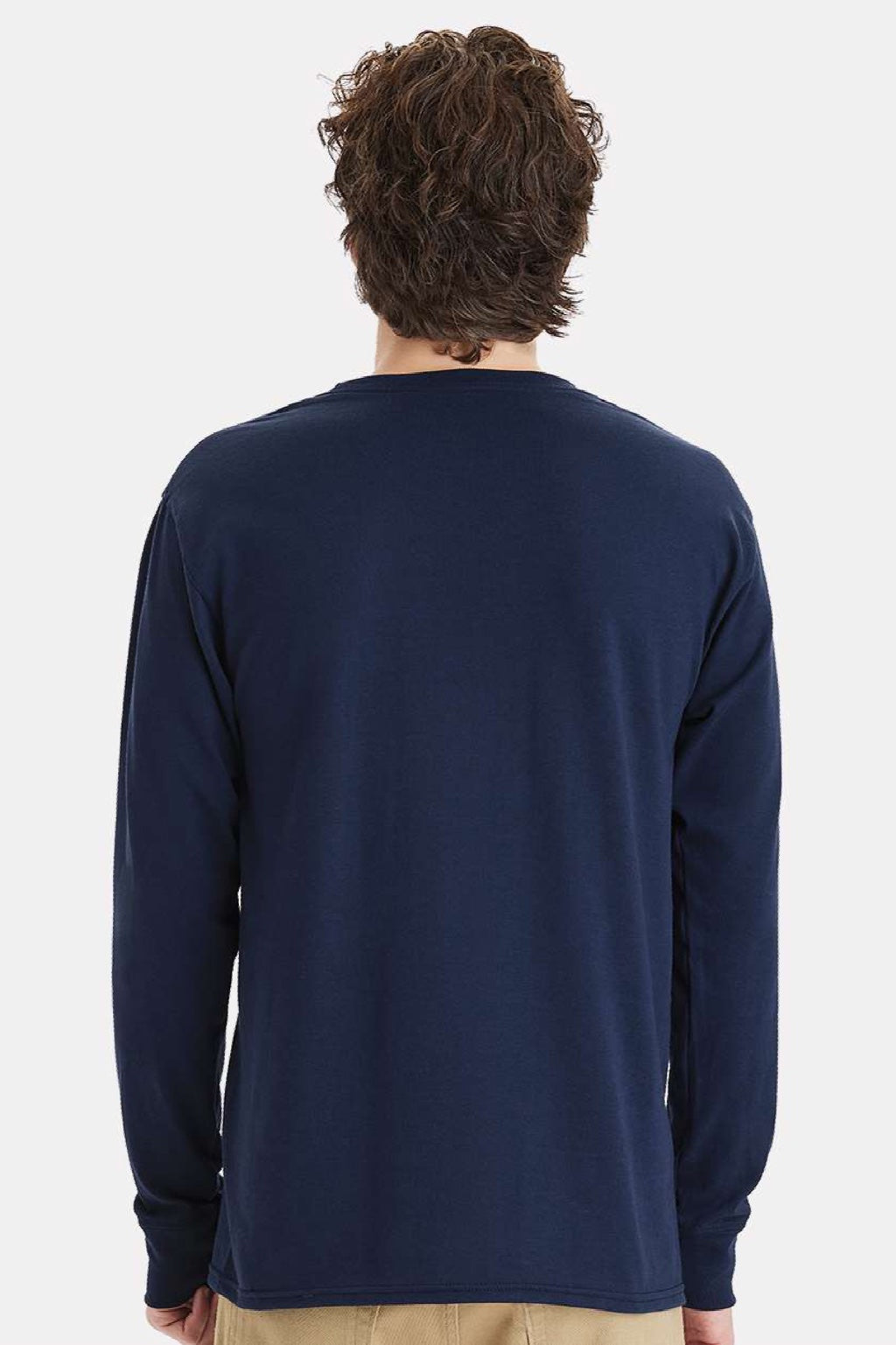 Hanes W120 Mens Workwear UPF 50+ Long Sleeve Crewneck T-Shirt w/ Pocket Navy Blue Model Back