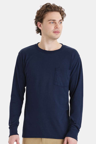 Hanes W120 Mens Workwear UPF 50+ Long Sleeve Crewneck T-Shirt w/ Pocket Navy Blue Model Front