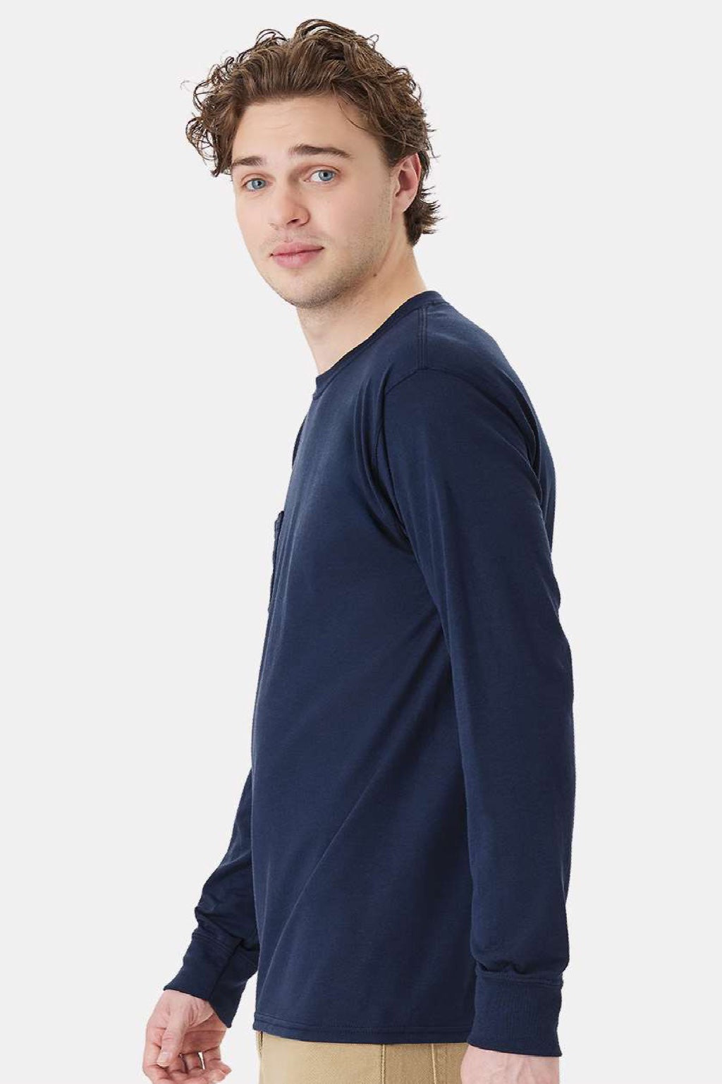 Hanes W120 Mens Workwear UPF 50+ Long Sleeve Crewneck T-Shirt w/ Pocket Navy Blue Model Side