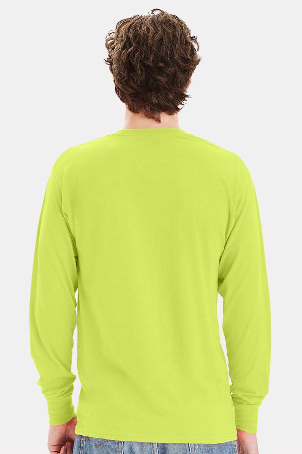 Hanes W120 Mens Workwear UPF 50+ Long Sleeve Crewneck T-Shirt w/ Pocket Safety Green Model Back