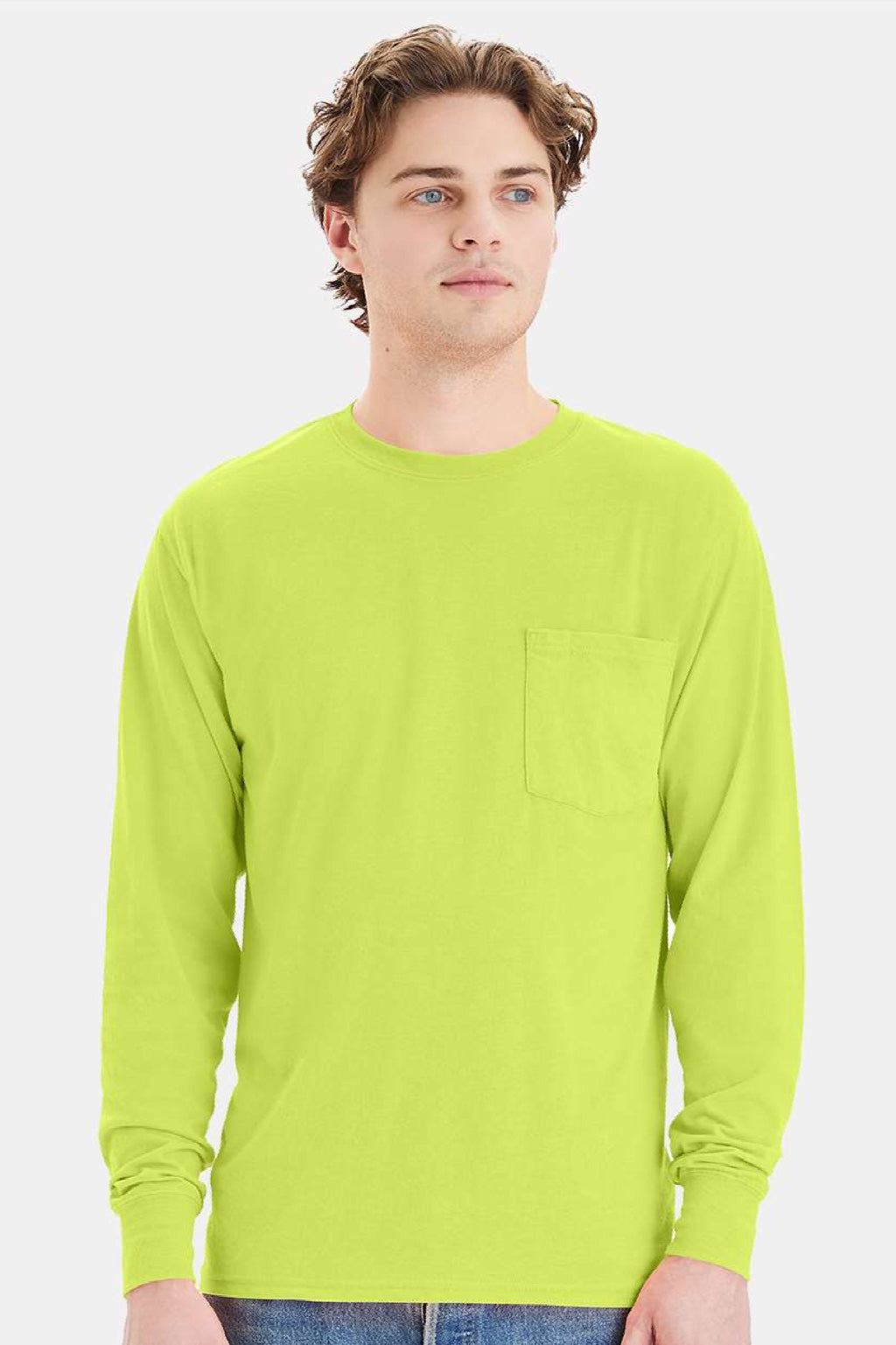 Hanes W120 Mens Workwear UPF 50+ Long Sleeve Crewneck T-Shirt w/ Pocket Safety Green Model Front