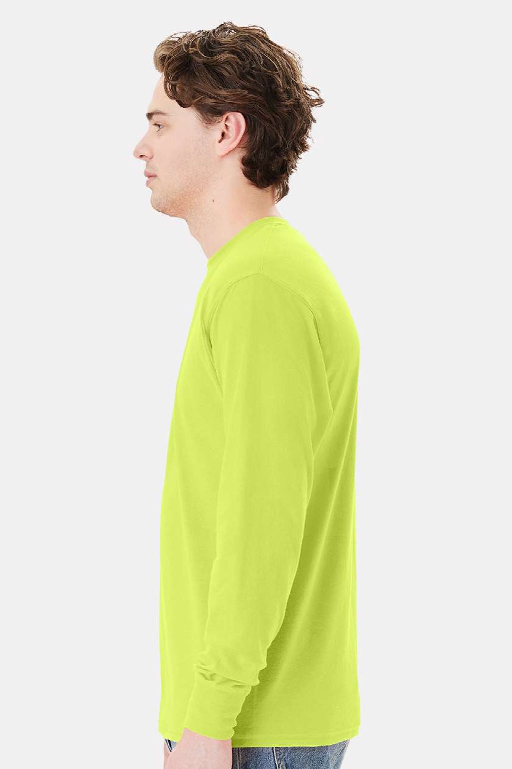 Hanes W120 Mens Workwear UPF 50+ Long Sleeve Crewneck T-Shirt w/ Pocket Safety Green Model Side