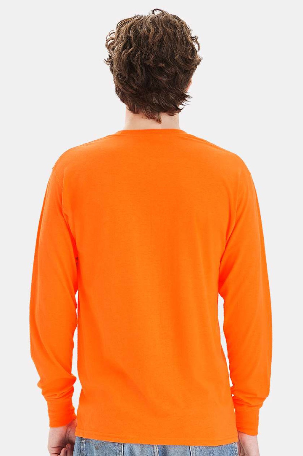 Hanes W120 Mens Workwear UPF 50+ Long Sleeve Crewneck T-Shirt w/ Pocket Safety Orange Model Back