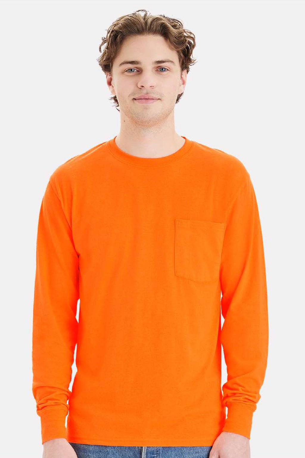 Hanes W120 Mens Workwear UPF 50+ Long Sleeve Crewneck T-Shirt w/ Pocket Safety Orange Model Front