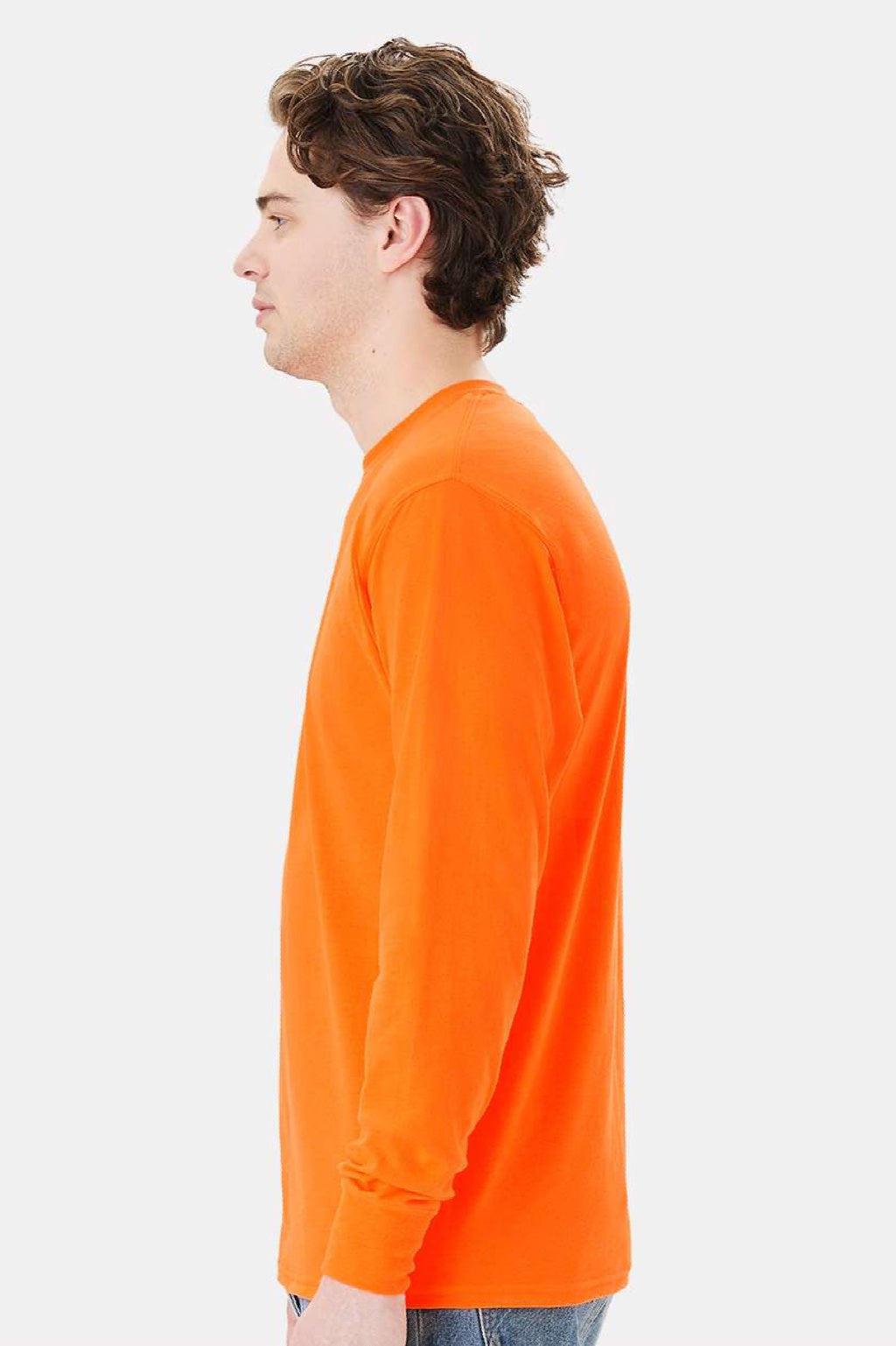 Hanes W120 Mens Workwear UPF 50+ Long Sleeve Crewneck T-Shirt w/ Pocket Safety Orange Model Side