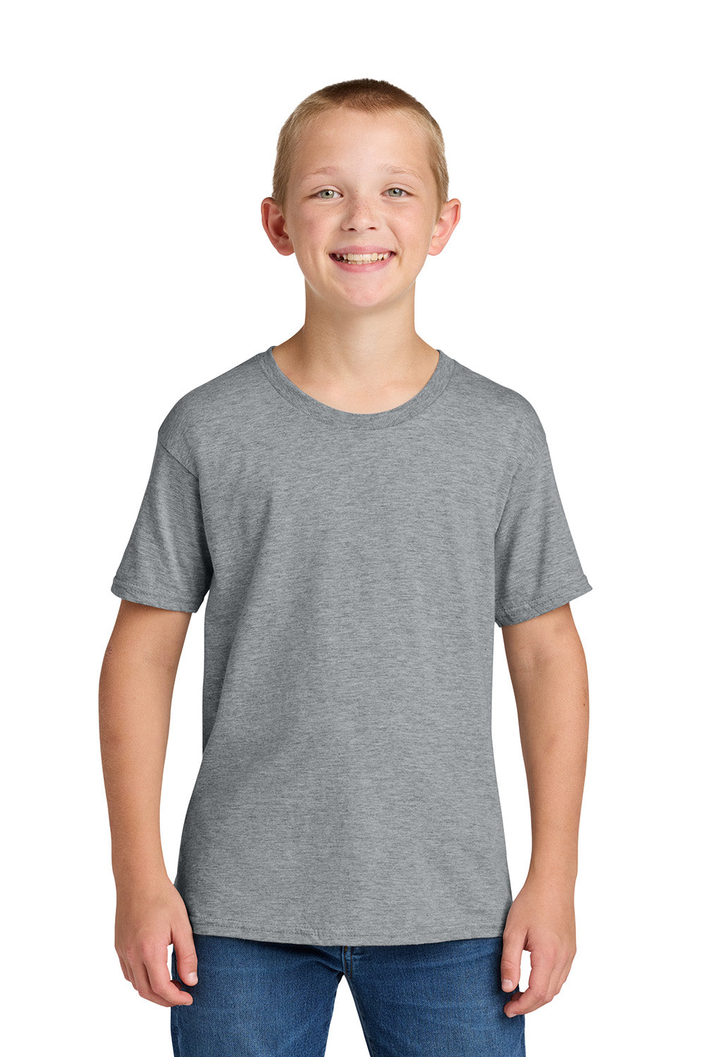 Jerzees IC46B Youth Ultimate Short Sleeve Crewneck T-Shirt Heather Grey Model Front