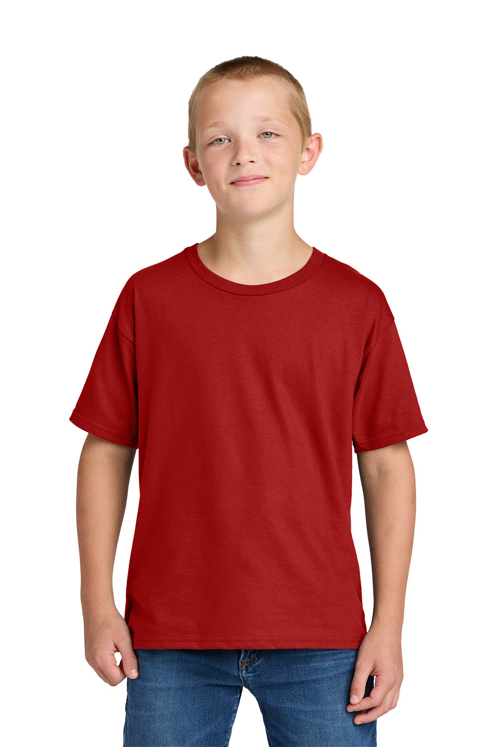 Jerzees IC46B Youth Ultimate Short Sleeve Crewneck T-Shirt True Red Model Front