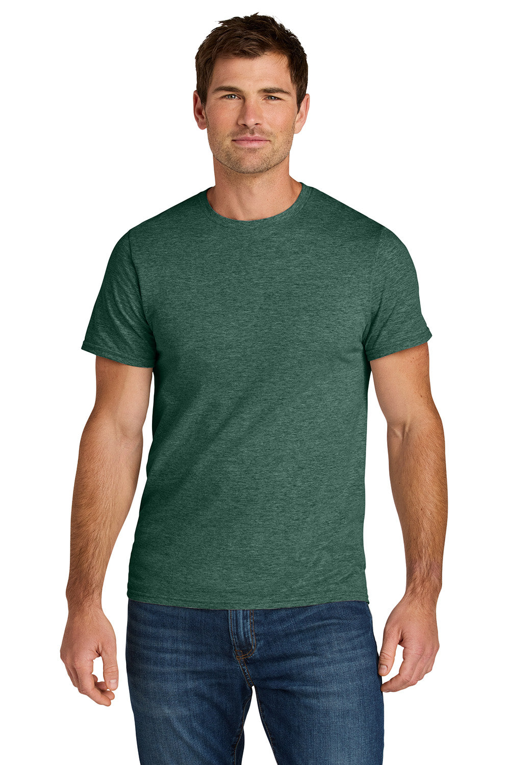 Jerzees IC46M Mens Ultimate Short Sleeve Crewneck T-Shirt Heather Forest Green Model Front