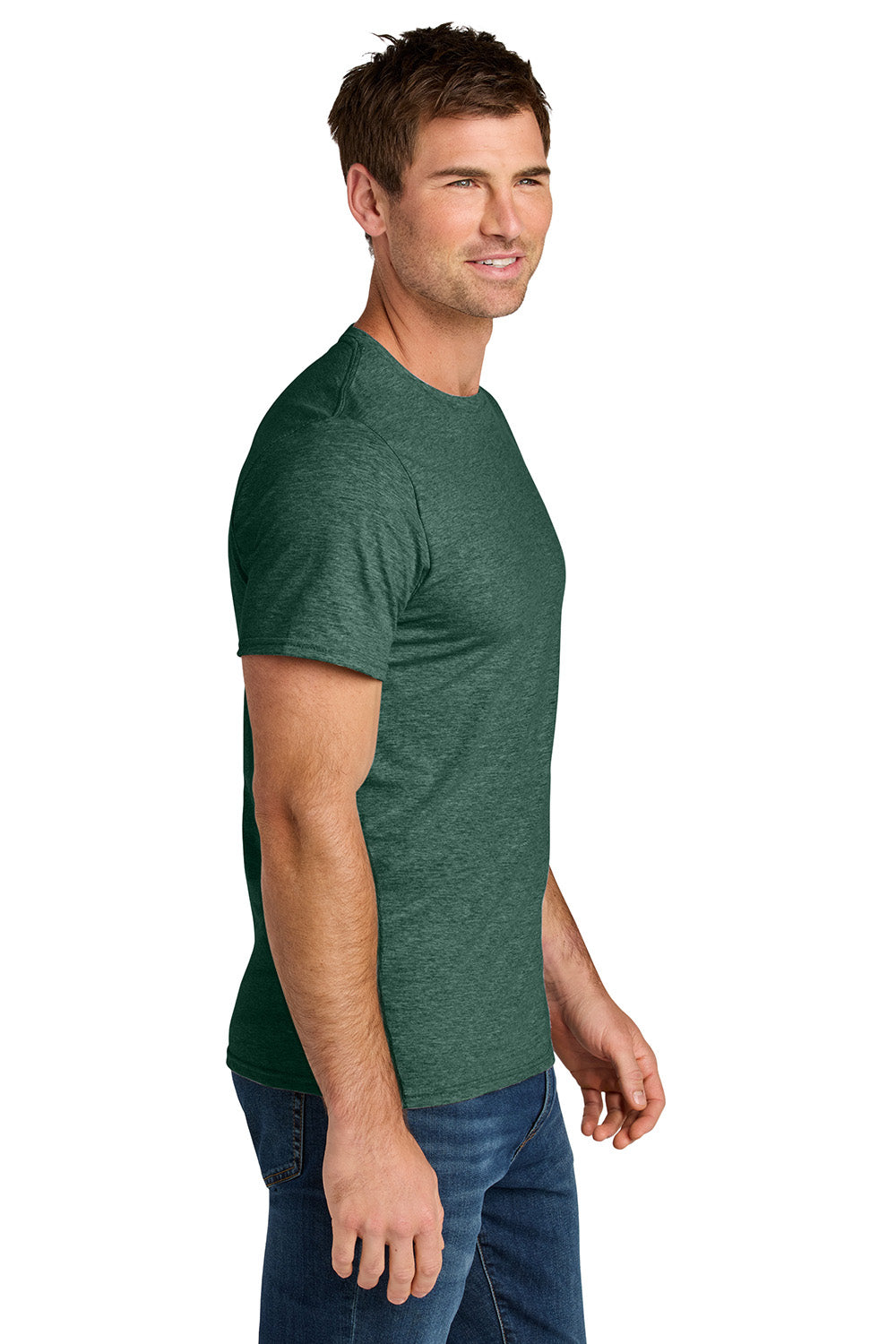 Jerzees IC46M Mens Ultimate Short Sleeve Crewneck T-Shirt Heather Forest Green Model Side