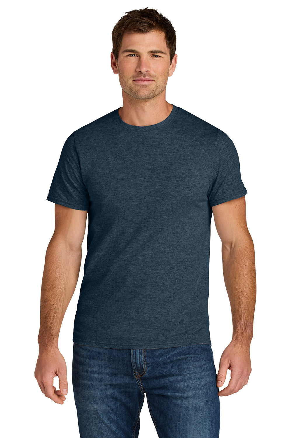 Jerzees IC46M Mens Ultimate Short Sleeve Crewneck T-Shirt Heather Indigo Blue Model Front