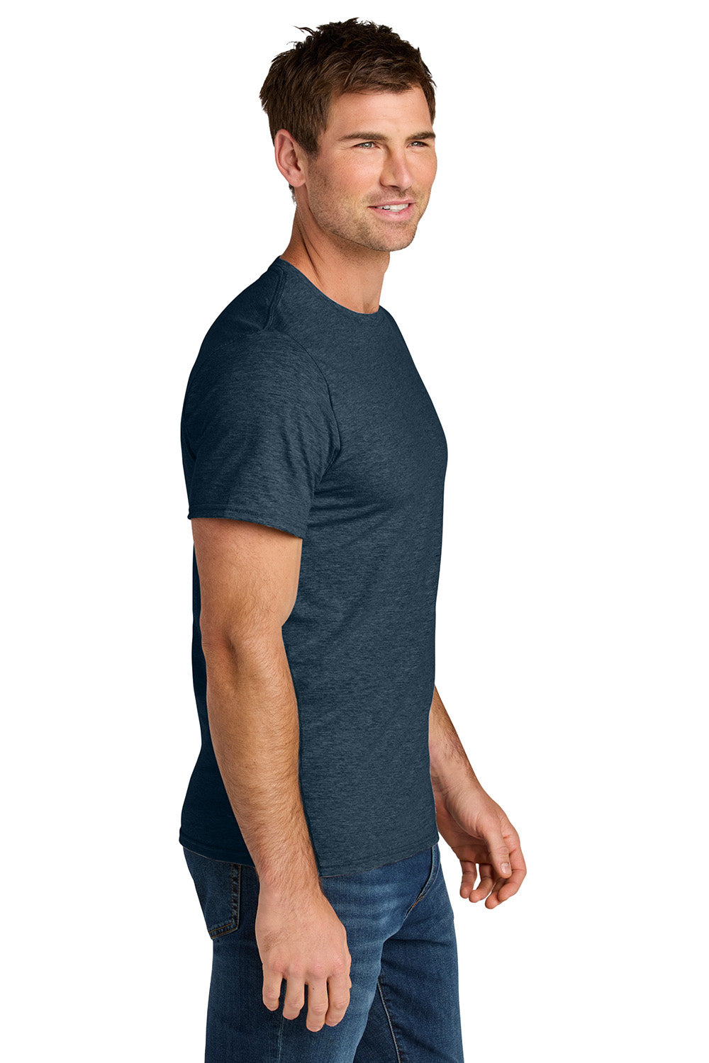 Jerzees IC46M Mens Ultimate Short Sleeve Crewneck T-Shirt Heather Indigo Blue Model Side