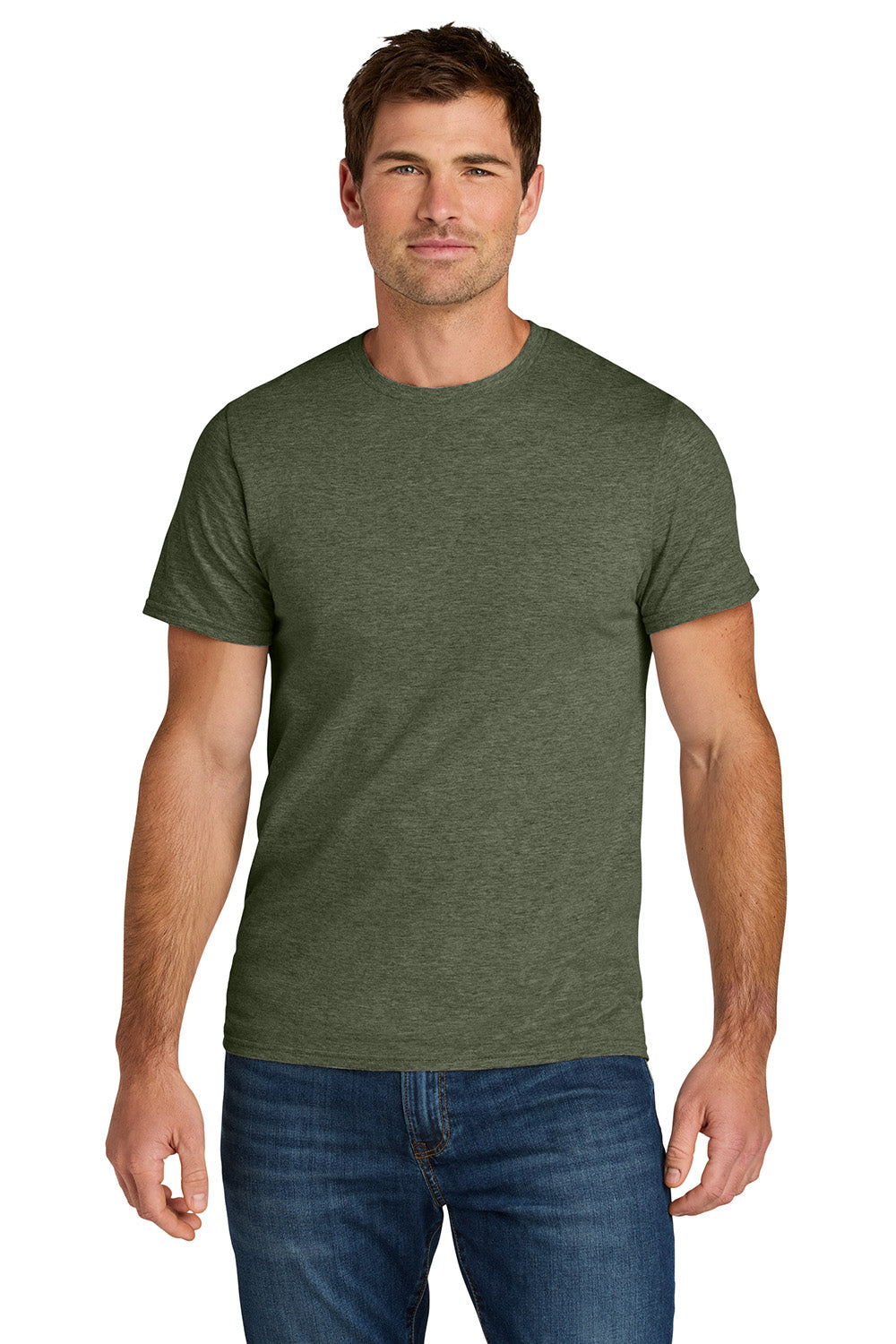Jerzees IC46M Mens Ultimate Short Sleeve Crewneck T-Shirt Heather Military Green Model Front