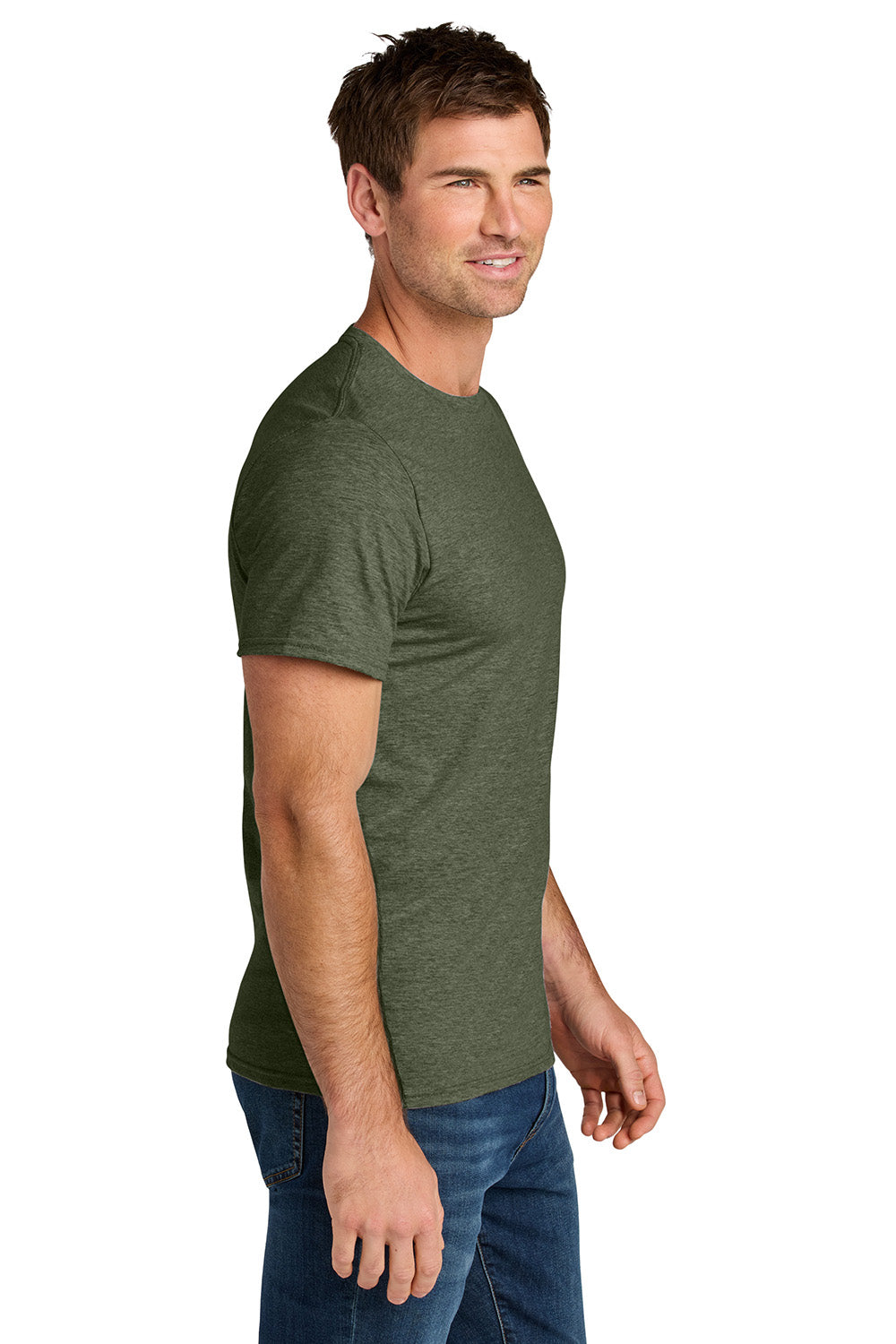 Jerzees IC46M Mens Ultimate Short Sleeve Crewneck T-Shirt Heather Military Green Model Side