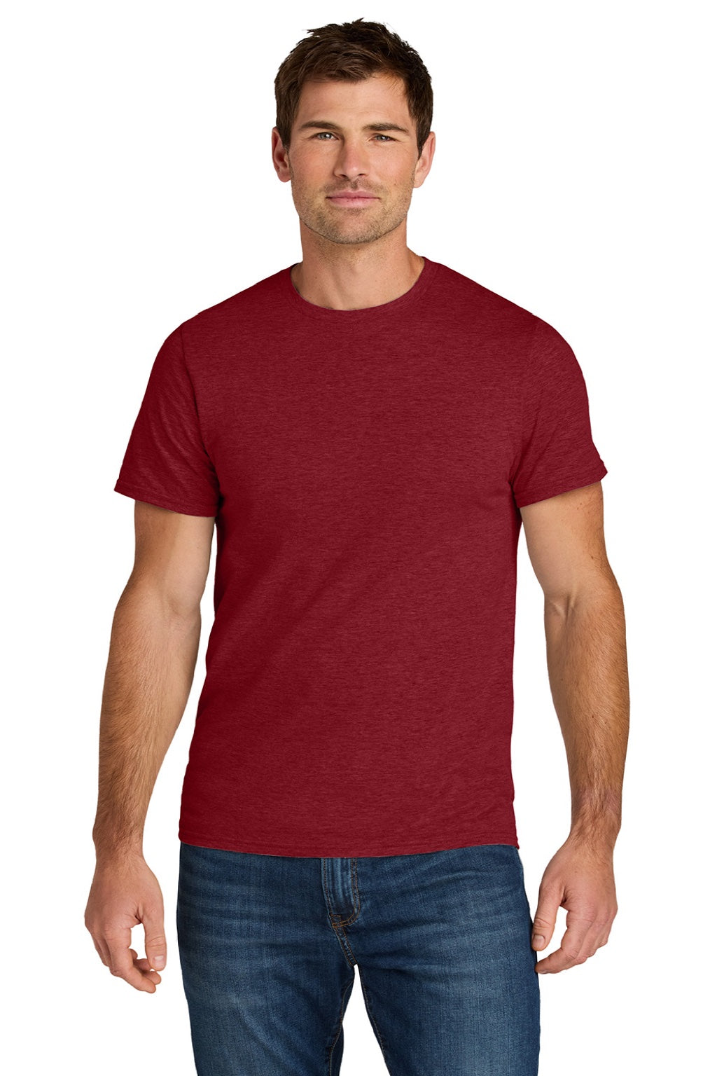 Jerzees IC46M Mens Ultimate Short Sleeve Crewneck T-Shirt Heather Pepper Red Model Front