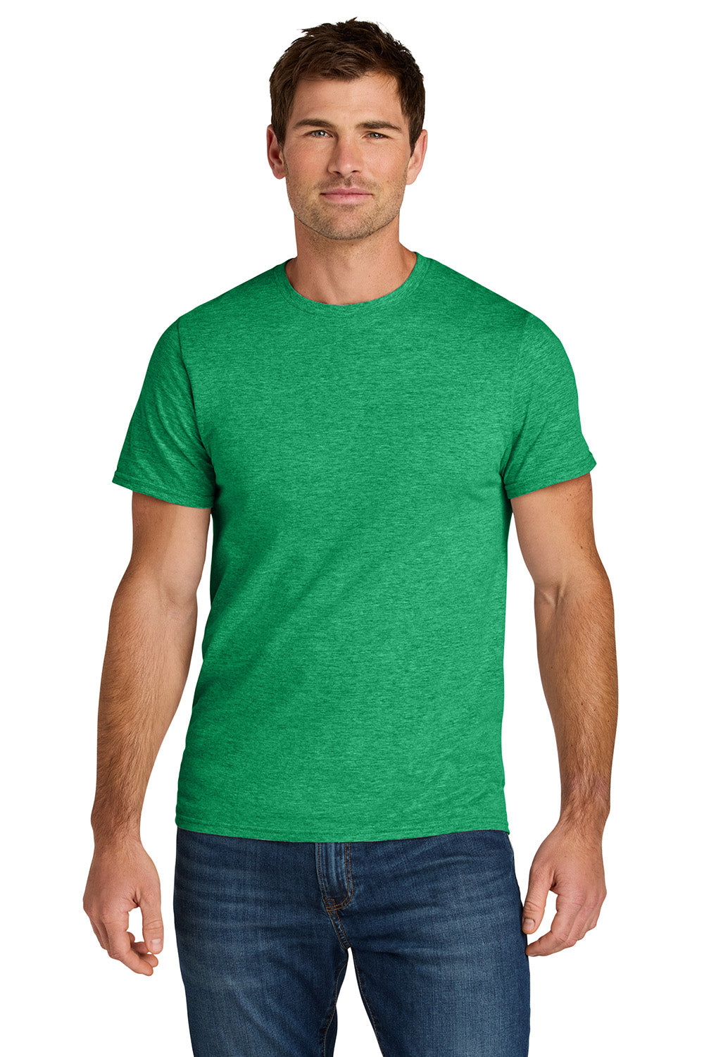 Jerzees IC46M Mens Ultimate Short Sleeve Crewneck T-Shirt Heather Retro Green Model Front