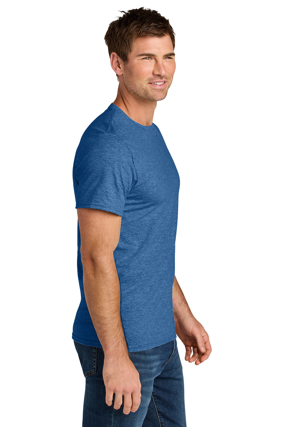 Jerzees IC46M Mens Ultimate Short Sleeve Crewneck T-Shirt Heather Retro Royal Blue Model Side