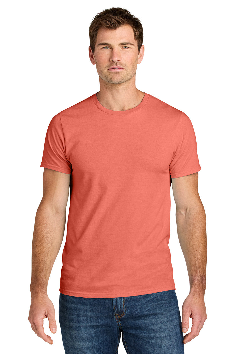 Jerzees IC46M Mens Ultimate Short Sleeve Crewneck T-Shirt Sunset Coral Model Front