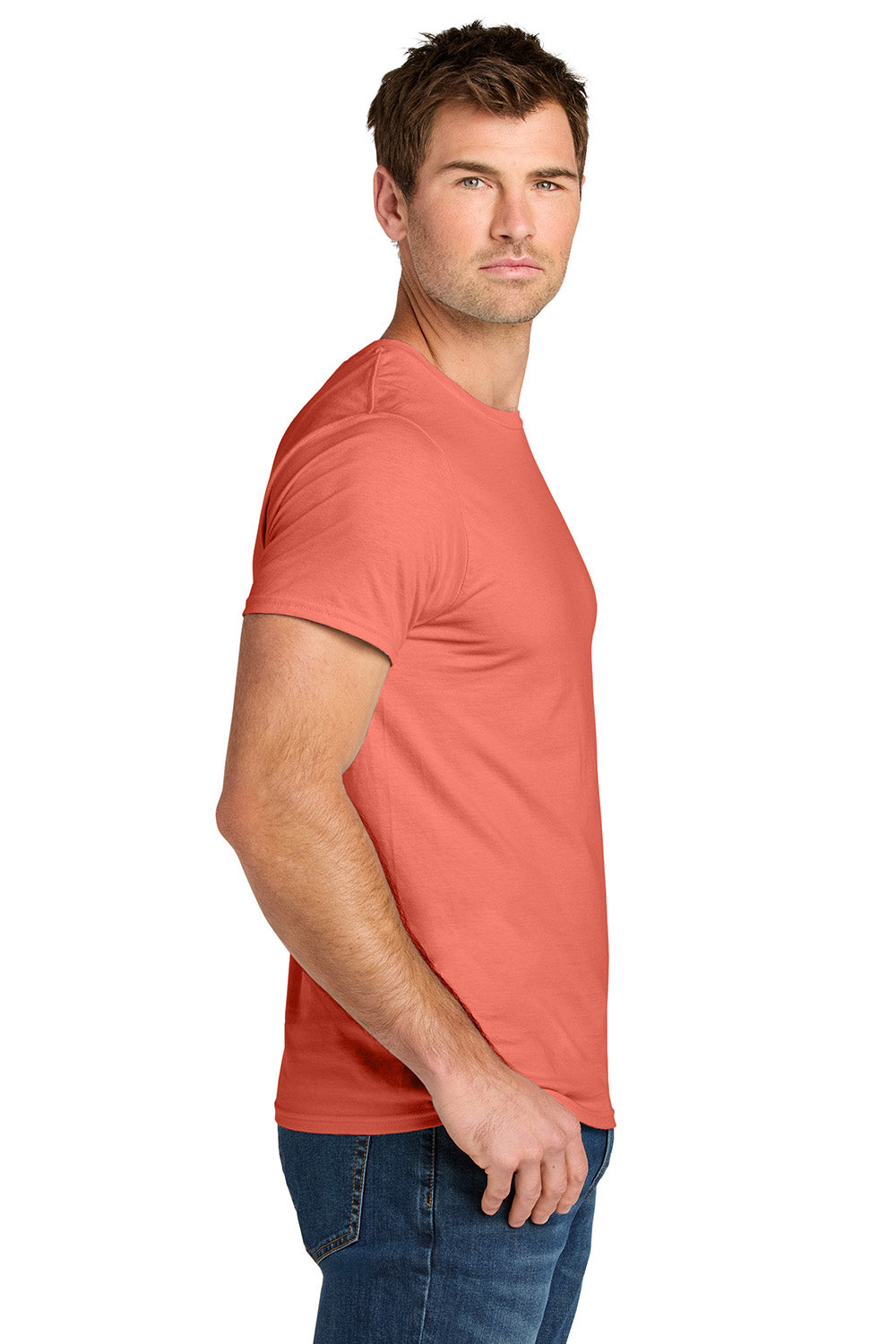 Jerzees IC46M Mens Ultimate Short Sleeve Crewneck T-Shirt Sunset Coral Model Side