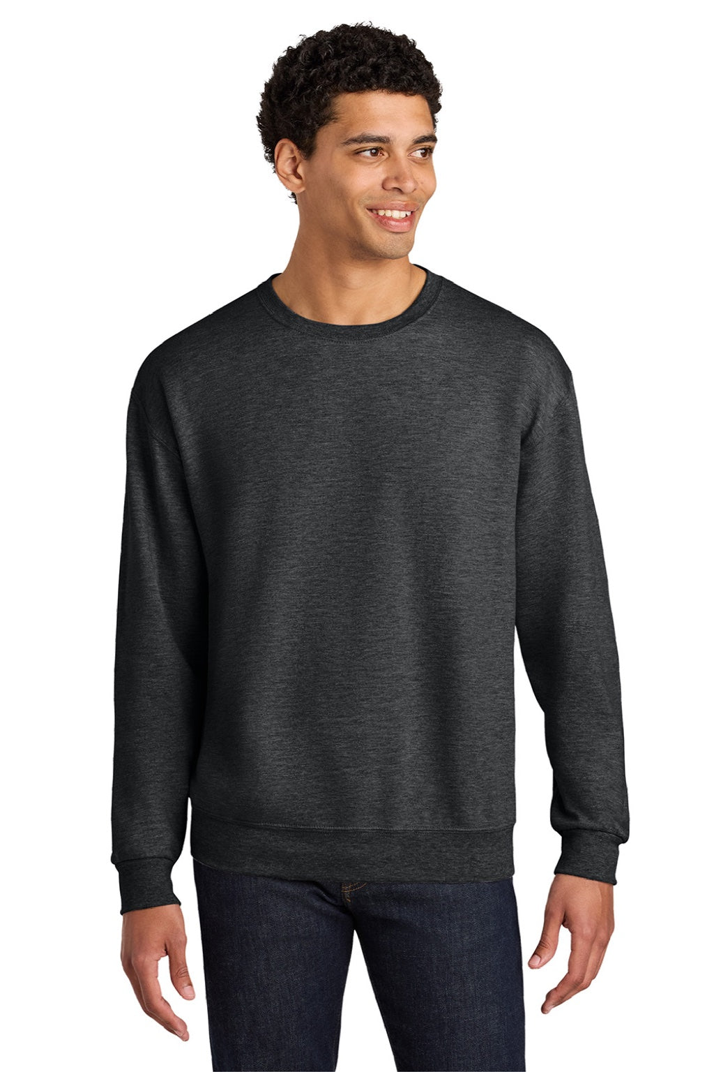 Jerzees IC48M Mens Ultimate CVC Crewneck Sweatshirt Heather Black Ink Model Front