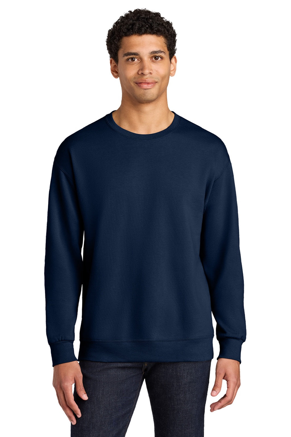Jerzees IC48M Mens Ultimate CVC Crewneck Sweatshirt Navy Blue Model Front