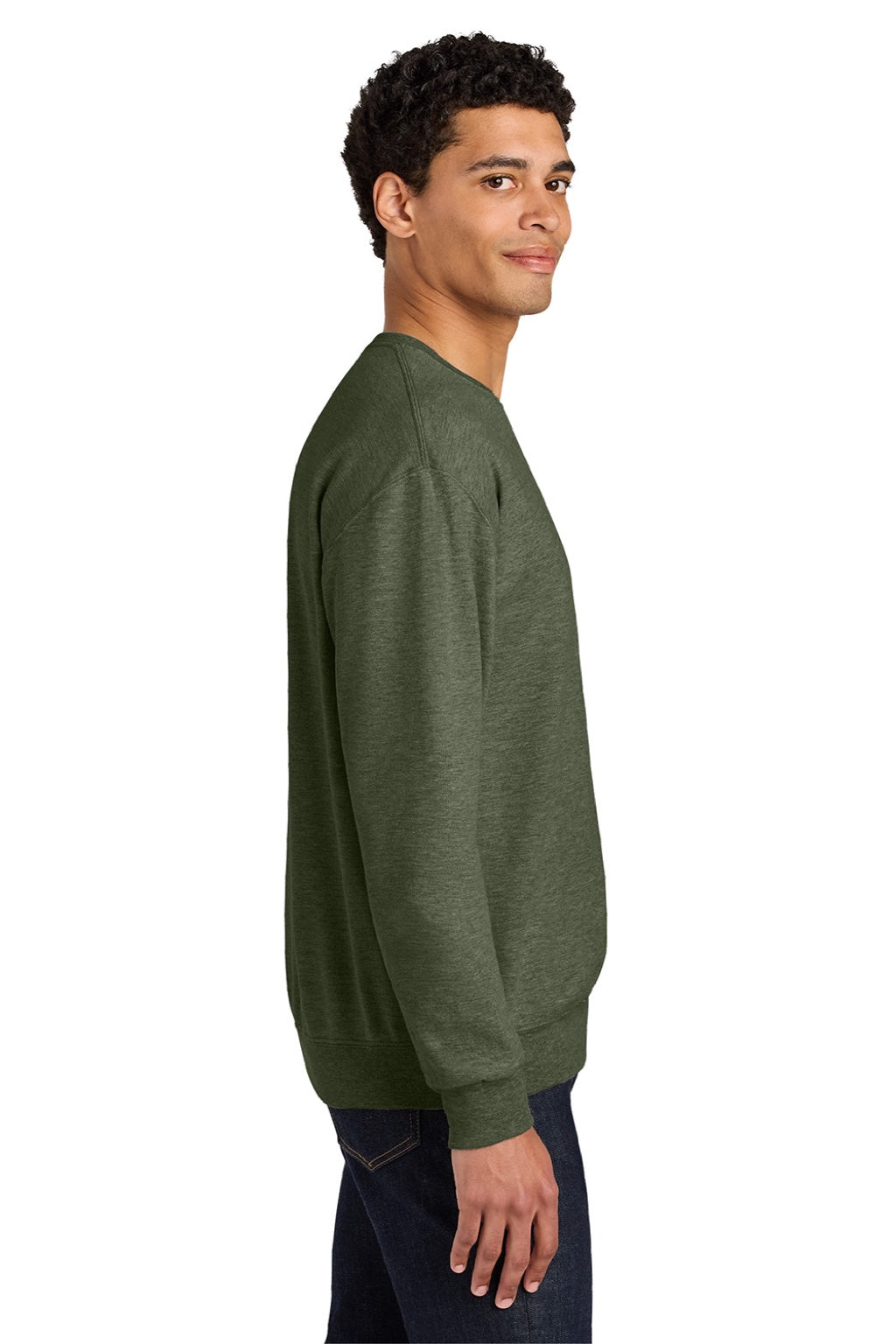 Jerzees IC48M Mens Ultimate CVC Crewneck Sweatshirt Heather Military Green Model Side