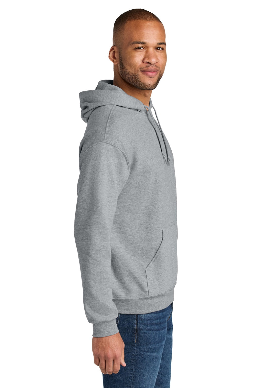 Jerzees IC49M Mens Ultimate CVC Hooded Sweatshirt Hoodie w/ Pouch Pocket Heather Grey Model Side