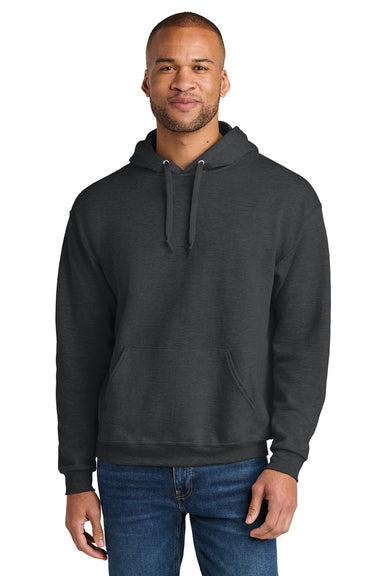 Jerzees IC49M Mens Ultimate CVC Hooded Sweatshirt Hoodie w/ Pouch Pocket Heather Black Ink Model Front