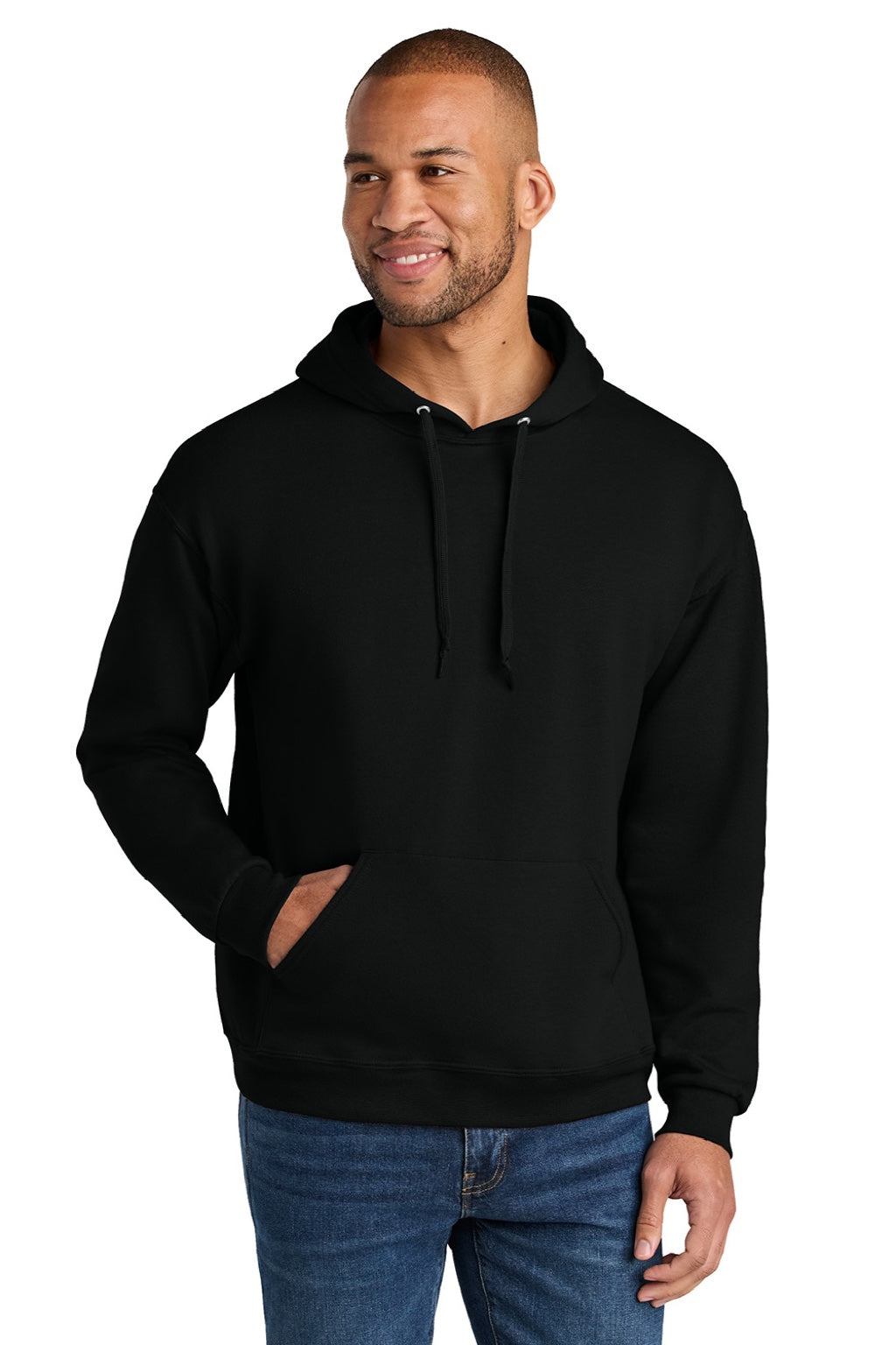 Jerzees IC49M Mens Ultimate CVC Hooded Sweatshirt Hoodie w/ Pouch Pocket Black Ink Model Front