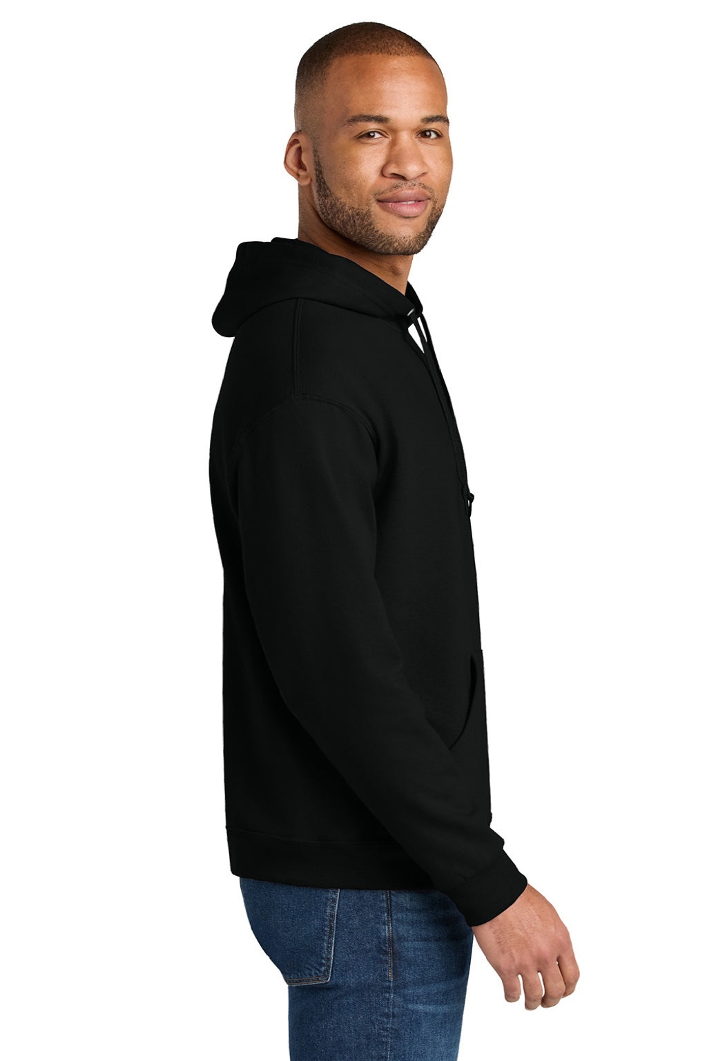 Jerzees IC49M Mens Ultimate CVC Hooded Sweatshirt Hoodie w/ Pouch Pocket Black Ink Model Side