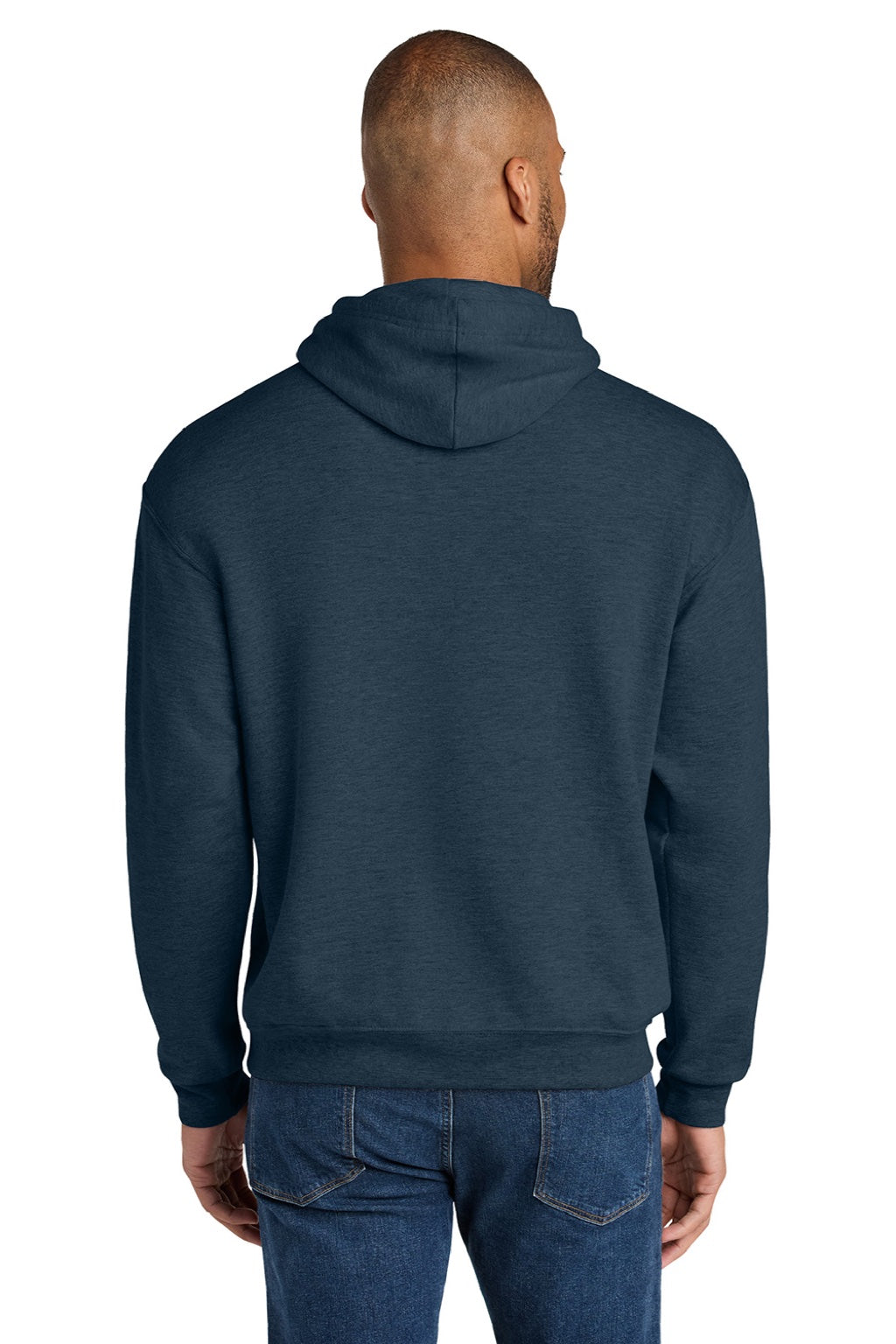Jerzees IC49M Mens Ultimate CVC Hooded Sweatshirt Hoodie w/ Pouch Pocket Heather Indigo Blue Model Back