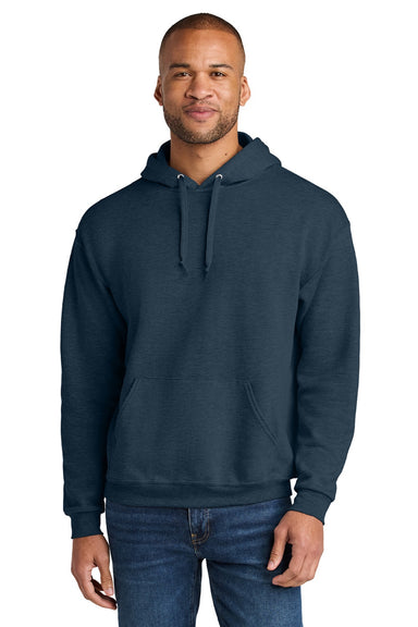 Jerzees IC49M Mens Ultimate CVC Hooded Sweatshirt Hoodie w/ Pouch Pocket Heather Indigo Blue Model Front