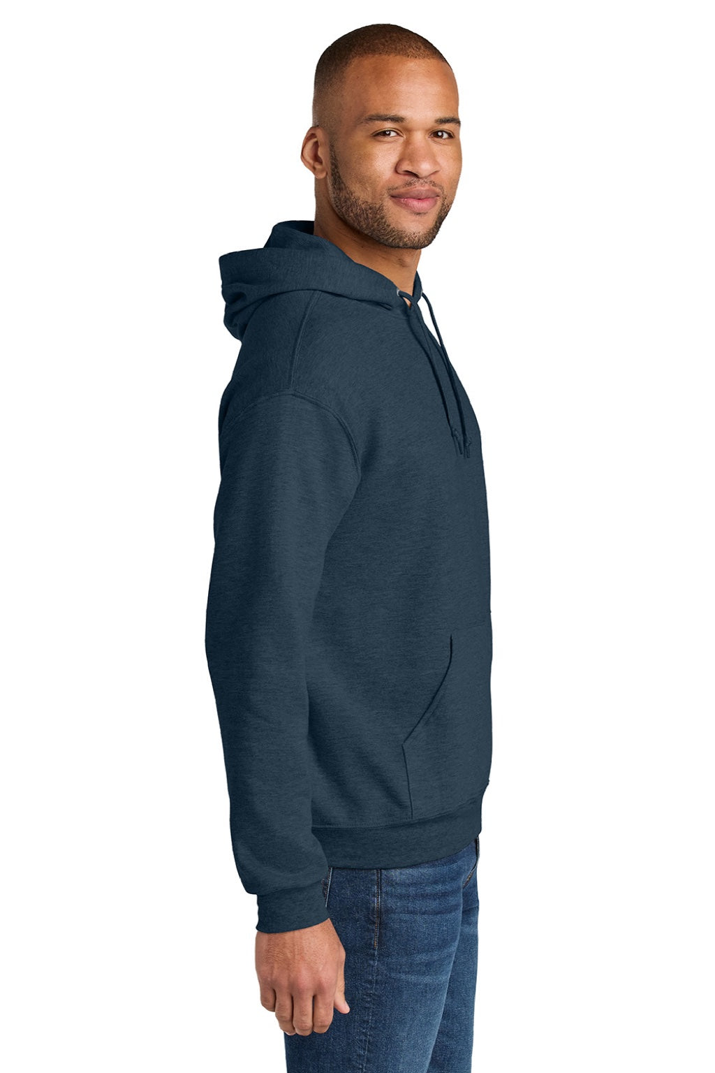 Jerzees IC49M Mens Ultimate CVC Hooded Sweatshirt Hoodie w/ Pouch Pocket Heather Indigo Blue Model Side