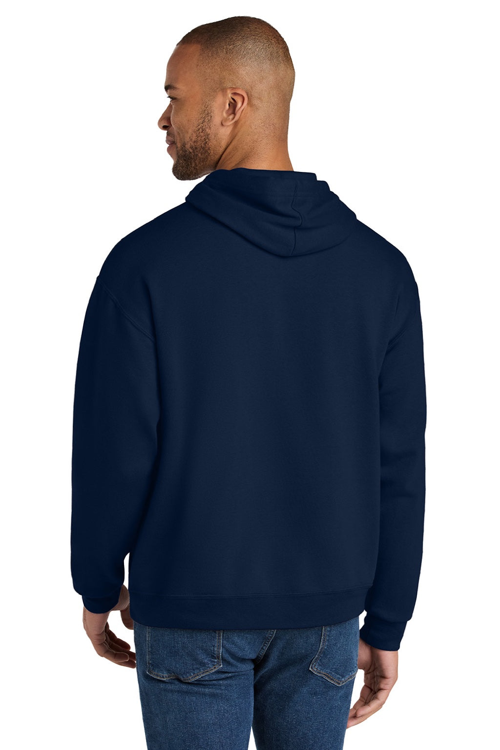 Jerzees IC49M Mens Ultimate CVC Hooded Sweatshirt Hoodie w/ Pouch Pocket Navy Blue Model Back