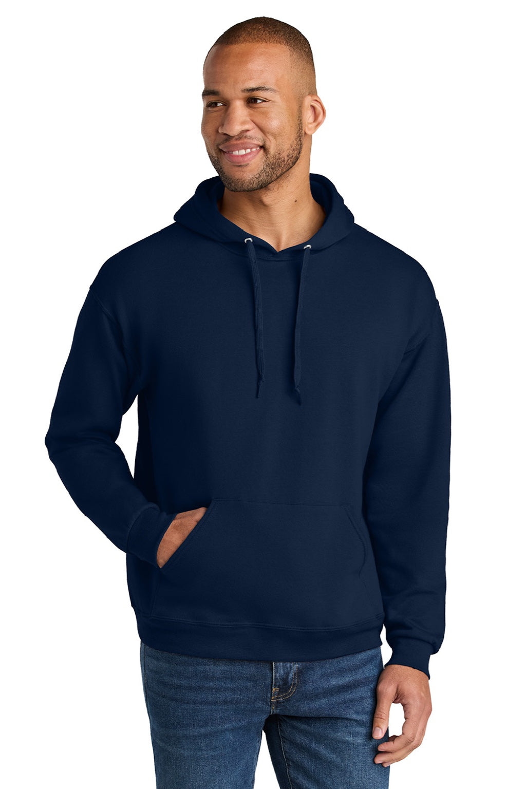 Jerzees IC49M Mens Ultimate CVC Hooded Sweatshirt Hoodie w/ Pouch Pocket Navy Blue Model Front
